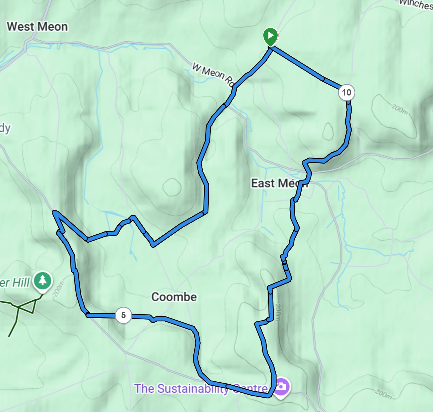 Map of the 10.7 mile walking route from The Dell
