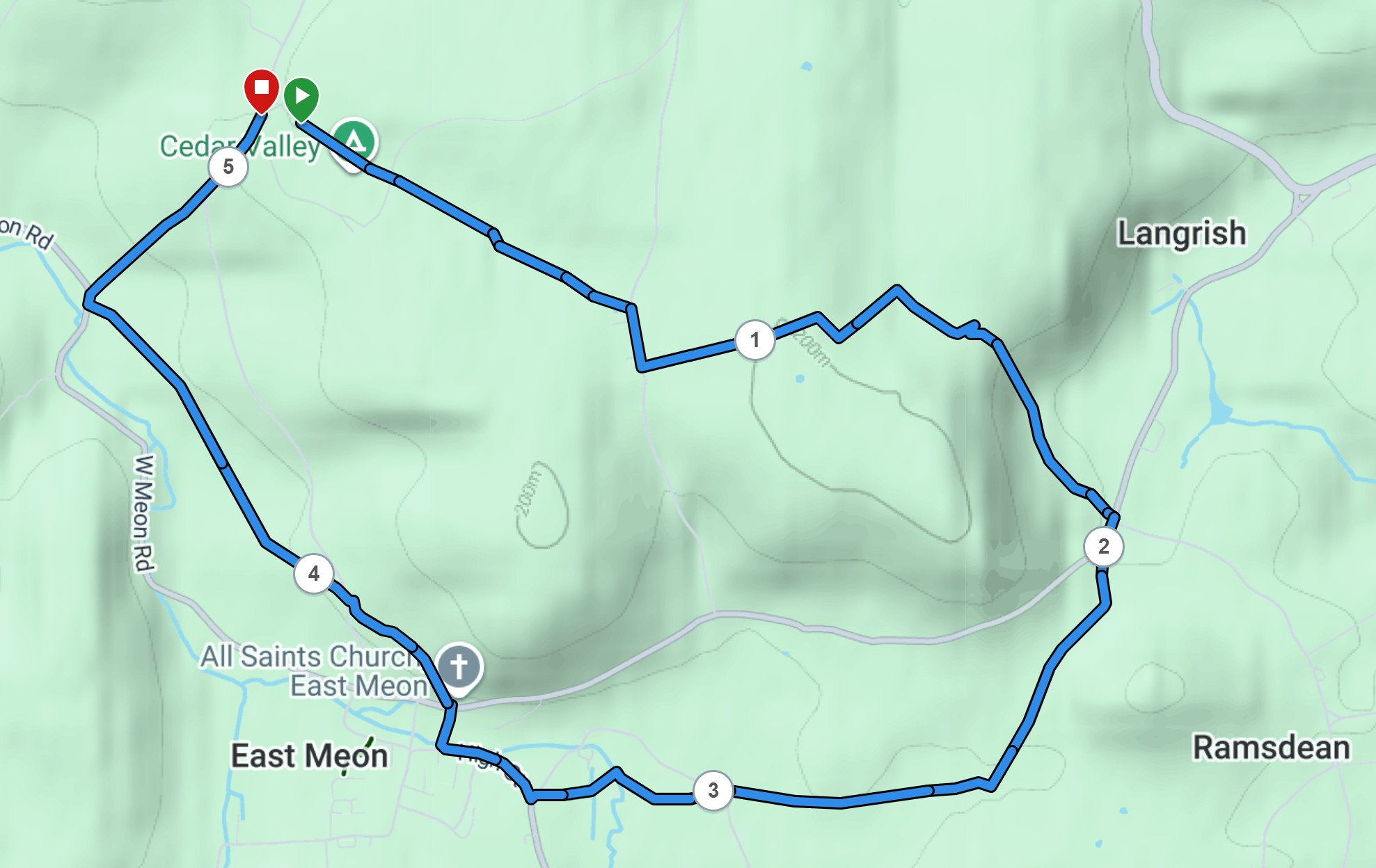 Map of the 5 mile walking route from The Dell